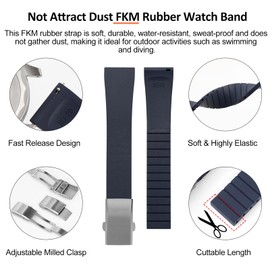 watchdives FKM Rubber Watch Strap, Cut to Size Fast Release Watch Band Soft Replacement Watchband with Milled Clasp for Men Women 18mm 19mm 20mm 21mm 22mm (Dark Blue, 20mm)