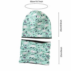 MAKFORT Children's Beanie Hat Scarf Tube Scarf Set Cotton Loop Scarf Boys and Girls Autumn Spring Winter, Light Blue Dinosaurs