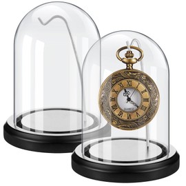 Beeveer 2 Pcs Pocket Watch Glass Display with Hooks Dome Cloche with Wood Base Decorative Glass Display Dome Showcase for Watch Plants Medals Photos Collectibles Dark MDF Base (3" X 5",Silver Hook)