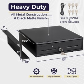 Volcora 13" Electronic Cash Register Drawer with Under Counter Mounting Metal Bracket - POS, 4 Bill 5 Coin Cash Tray, Removable Coin Compartment, 24V RJ11/RJ12 Key-Lock, Media Slot, Black