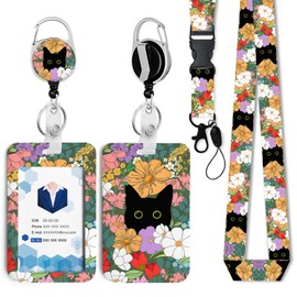 Cute Cat Hidden in The Flowers Badge Holder with Retractable Reel and Breakaway Lanyard，Badge Clips Retractable Heavy Duty Badge Reel，ID Holder with Breakaway Lanyard for School Nurse Office Teen ﻿