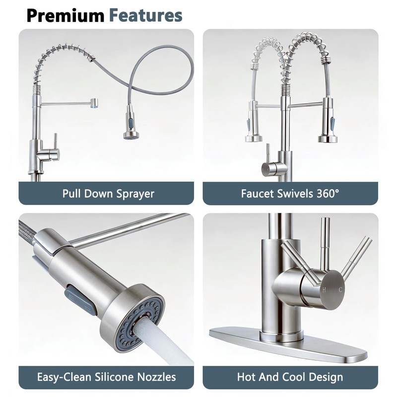 Friho Brushed Nickel Kitchen Faucets with Pull Down Sprayer, Stainless