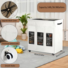 Haundry Laundry Basket with Wheels, Collapsible Laundry Baskets, Laundry Hamper with Handles Detachable Wheels, Rolling Laundry Basket, Dirty Clothes Hamper for Bathroom, Dorm, Bedroom, White, 140L