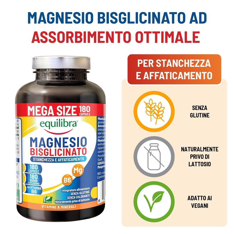 Equilibra Magnesio Bisglicinato, 180 Capsule, 250mg, con Vitamina B6, Scorta