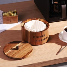 CATORY Coffee Filter Holder, Acacia Wood Coffee Filter Storage, Round Coffee Filter Container Coffee Bar Organizer, Rustic Coffee Filter Dispenser Basket For Coffee Bar Decor