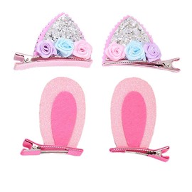 Glitter Bunny Ear Hair Clip for Easter Day Baby Girls Rabbit Cat Ear Hair Clip Hair Pin with Bowknot Easter Kids Hair Accessories TSFJ68 (Pink Flower Set)