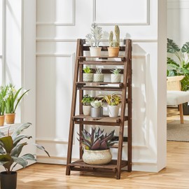 Yaheetech Foldable Ladder Shelf Wooden Plant Stand Indoor Outdoor Shelves No Assembly Flower Display Multi-Functional Shelves Outdoor Storage Shelf for Living Room/Garden/Office/Kitchen Brown