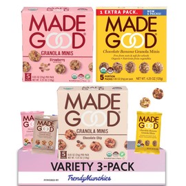 Made Good Organic Healthy Granola Minis (15 Portion Variety Pack), Tree Nut and Peanut Free, Gluten Free, Vegan, Kosher, Chocolate Banana, Strawberry, Chocolate Chip - Packaged with TrendyMunchies Box (3 Flavors Included) (15 Pack Variety Pack, 15 Pack V