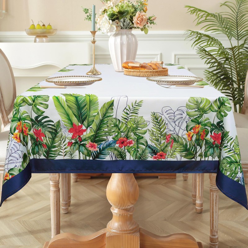 Arquiel Tropical Palm Leaf Tablecloth Waterproof, Summer Floral Bordered Rectangle