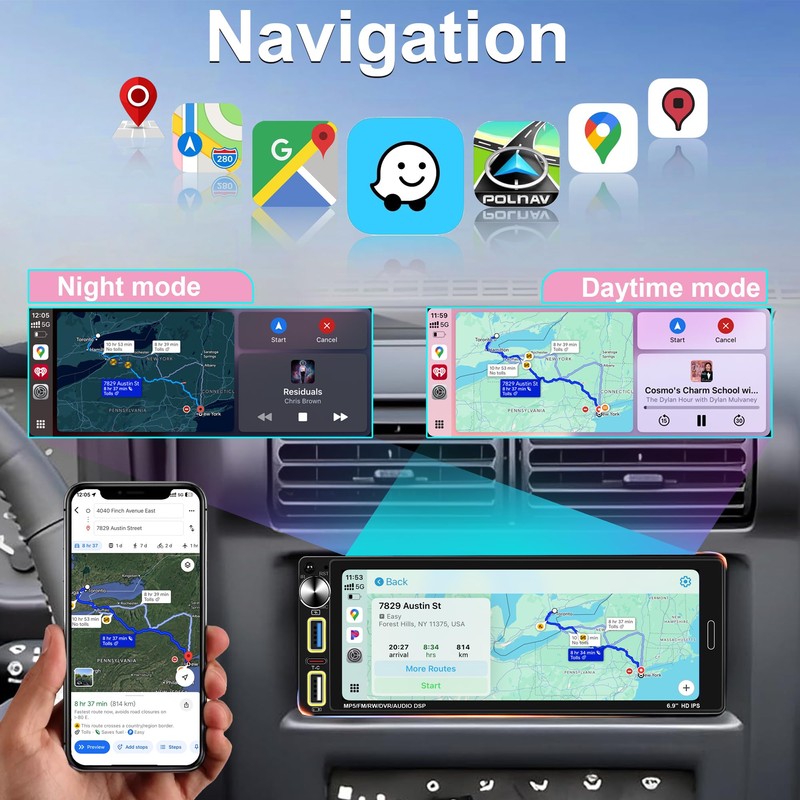 6.9" Single DIN Car Stereo Radio with Wireless Apple CarPlay,