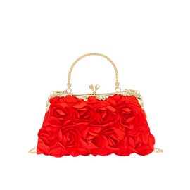 COOLOYA Women's 3D Rose Clutch Purses Satin Floral Crossbody Bags Evening Wedding Party Handbag With Chain Red One Size