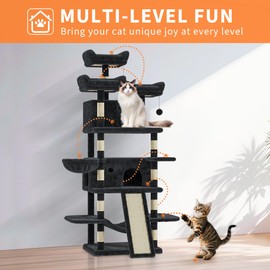 68.5-Inch Multi-Level Cat Tree for Indoor Cats Large Adult Heavy Duty Cat Tower for Large Cats with 2 Condos/Plush Perches/Sisal Scratching Posts/Hammocks/Basket/Dangling Balls, #2601 Dark-Grey