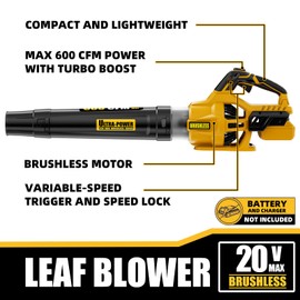 Neareen Cordless Leaf Blower, 600 CFM/125 MPH Turbo Boost Compatible with DW 20V Max Battery, Brushless Motor, Variable Trigger and Speed Lock, Ergonomic 3.6LBS for Driveway & Yard, Tool Only