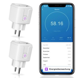 Pack of 2 CNBINGO WLAN Smart Socket with Current Measurement, Works with Alexa, Google Assistant, WiFi Mini Plug with Timer and Voice Control, Smart Home Socket Only 2.4GHz WiFi, 16A