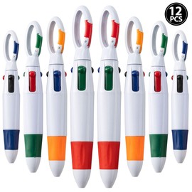 Retractable Shuttle Pens with Carabiner Clip - Pack of 12 Bulk Mini 4-in-1 Multi-Colored Ink Ballpoint Pens with Keychain for Adults, Kids, Nurses, School, Stocking Stuffers and Gifts and Party Favors