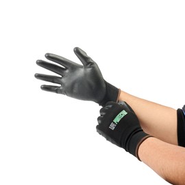 Restaurantware-Life Protector Large Safety Work Gloves, 1 Pair Of Gloves With PU Coating On Palm And Fingertips - 13-Gauge, Excellent Grip, Black Polyester And Spandex Protective Handwear