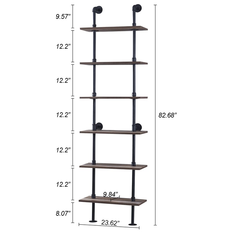 HOMBAZAAR Industrial Pipe Bookshelf,6 Tier Pipe Shelving,Wall Mounted Ladder Shelves