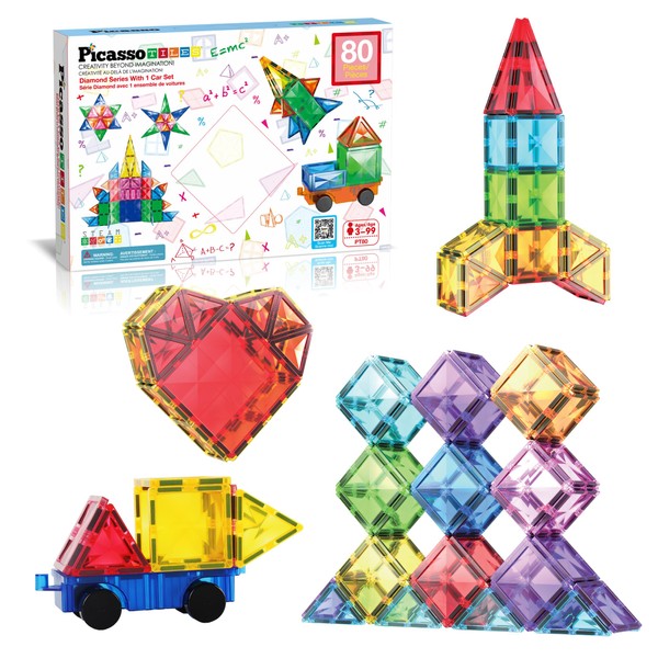 PicassoTiles 80 Pieces Magnetic Building Blocks Tiles Magnet Toys Diamond Toy Building Block Construction Set for STEM Sensory Toys Gifts Educational Playset Kid Brain Development Stacking Blocks