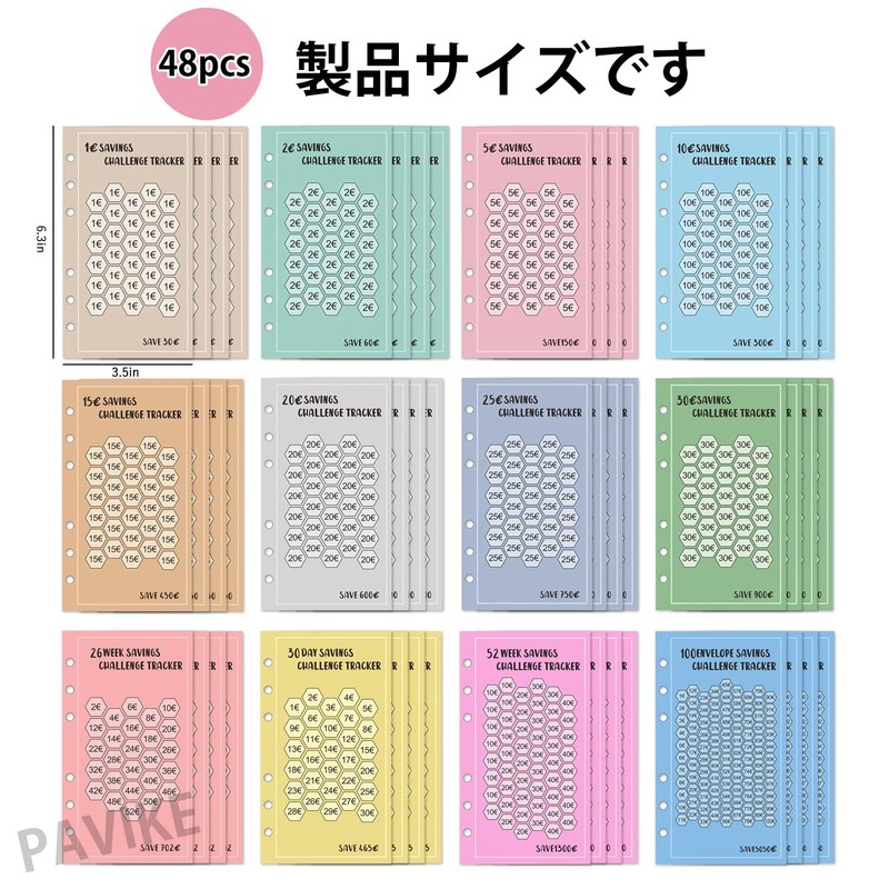 PAVIKE Euro Punched Paper Binder 48pcs Euro Savings Challenge Envelope