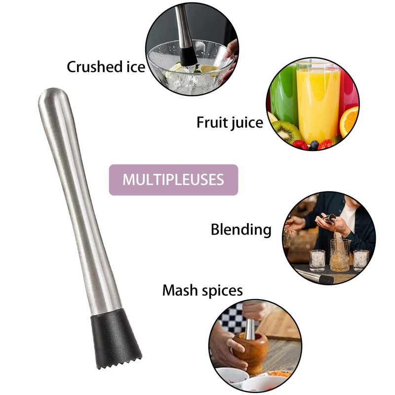 Cocktail Muddler,Stainless Steel Muddler with Grooved Head,Multi-Functional Cocktail Stirrers,20cm Fruit