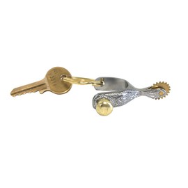 Novelty Keychain Engraved Spur Nickel Plated with Brass Plated Button & Rowel