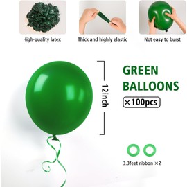 BAUANOOY 100pcs Green Balloons 12 inch, Green Latex Balloons with Green Ribbon for Birthday Christmas Baby Shower Jungle Football Tropical Safari Party Decorations