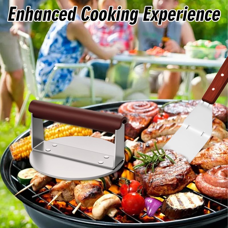 Edelstahl Burger Smasher Set,Schwergewicht mit Holzgriff Edelstahl Grillspachtel und 6.6
