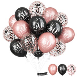 50th Birthday Decorations for Women, Pack of 15 Happy 50th Birthday Balloons Black Rose Gold Confetti Latex Helium Balloons for Her Age 50 Years Old 50th Birthday Party Decor Celebration Supplies