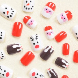 Christmas Press on Nails Red White Glossy Fake Nails with Santa Claus Cartoon Snowman Design Winter Xmas Reindeer False Nails Short Almond Shaped Acrylic Nails Christmas Decoration for Women 24 Pcs