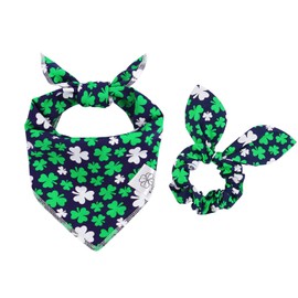 E-Clover St Patricks Day Dog Bandana & Matching Scrunchie Set Shamrock Lucky Dog Bandanas Scarf with Bow Hair Ties for Medium Large Dogs & Pet Owner Mom