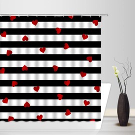 Valentine's Day Shower Curtain Red Heart Black White Geometric Stripe Heart Sweet Love Romantic for Women Creative Bathroom Home Decor with Hooks,Black White Red