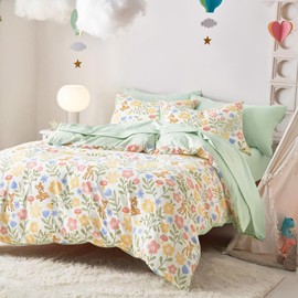 Wake In Cloud - Floral Bedding Set for Girls, Cute Colorful Botanical Flowers Deers Patterned Soft Lightweight Comforter Set with Sheets, 5 Pieces Kids Bed in a Bag, Green Cream, Twin Size