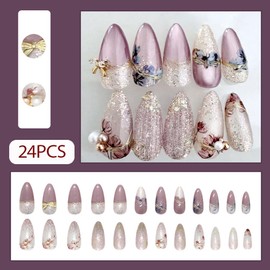WAFOLOZE WAFOLOZE Nails Press on, Almond Press on Nails Medium Girls Fake Nails with 3D Pearl Bow with Glittering Sand and Purple Flowers Design, Artificial False Nails Press Ons Glue on Nails For Women