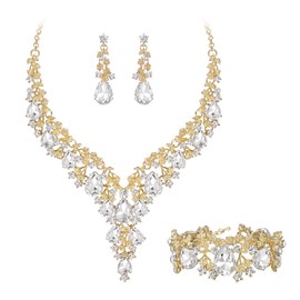 BriLove Bridal Jewellery Set for Wedding Women Crystal Teardrop Flower Cluster Statement Necklace Dangle Earrings Link Bracelet Jewelry for Party Prom Clear Gold-Tone