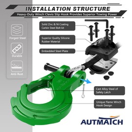AUTMATCH Winch Hook 3/8" - Clevis Slip Hook with Safety Latch & Winch Cable Hook Stopper, Grade 70 Forged Steel Max 39,600Lbs Work for Winch Rope, ATV, UTV, Off Road Vehicle, Dark Green