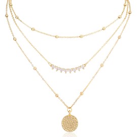 Mikovivi 3pcs Stacked Necklaces for Women, Stackable Stack Necklace Set Dainty Cubic Zirconia Beads Round Disc Pendant Choker Chain Adjustable Trendy Layered Jewelry Gift (Gold)