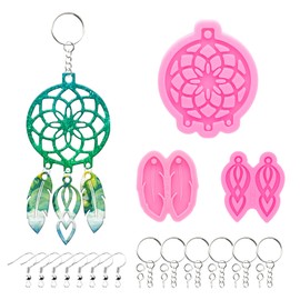 103Pcs DIY Resin Molds Kit Dream Catcher/Feather/Retro Hollowout Shape Silicone Mold Epoxy Earring/Key-Chain Pendant Casting Mould with Silver Earring Hooks/Keychains for Jewelry Making Supplies