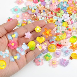 100 PCS Cute Slime Charms Animals Fruits Resin Charms Mixed Colors for Crafting, Phone Cases, DIY Nails, Hairband, Hairpin, Scrapbooking