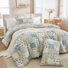 Cozaline Blue Floral Duvet Cover Set Queen Size 100% Cotton Botanical Patchwork Vintage Bedding Quilt Cover All Season 3 Pieces Soft Lightweight Comforter Cover(Blue Patchwork, Queen)