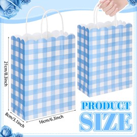Kolldenn 24 Pcs Blue Gingham Party Supplies Gift Bags with Handles Kraft Paper Checkered Plaid Treat Candy Goodie Bags for Birthday Wedding Gingham Party Favors (8.27 x 6.3 x 3.15 Inch)