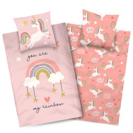 Aminata kids Kinderbettwäsche 135x200 Baumwolle Mädchen Einhorn Motiv Kinder-Wende-Bettwäsche-Set rosa Regenbogen Wolke & Sterne