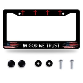 in God We Trust License Plate Frame American Flag License Plate Holder for Front and Rear Funny License Plate Stainless Steel Christian Cross Auto Parts Decoration with Screws 12 x 6 Inch