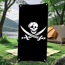 Jolly Roger Pirate Flag Banner Backdrop with Crossed Swords & Tattered Edges Door Cover for Halloween Photography Party Decor 35x72 Inch