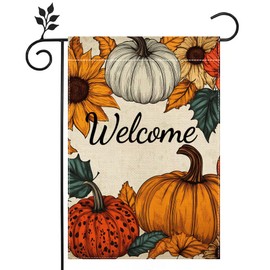 Fall Pumpkin Welcome Garden Flag for Outside 12x18 Inch Double Sided Burlap Autumn Thanksgiving Leaves Sunflower Flowers Farmhouse Holiday Rustic Outdoor Yard Flag Home Decorations