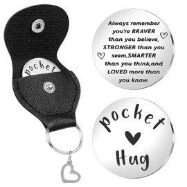 Mabor Pocket Hug Token Stainless Steel Little Pocket Hug Coin Long Distance Relationship Gifts Double Sided Thinking of You Gifts for Friends with PU Leather Case Keyring