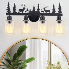 Monyohame Farmhouse Rustic Deer Bathroom Light Fixtures, 4-Light Black Vanity Lights with Clear Glass Shade, Wall Lamp for Bathroom, Living Room, Hallway, Kitchen, Cabinet, Porch