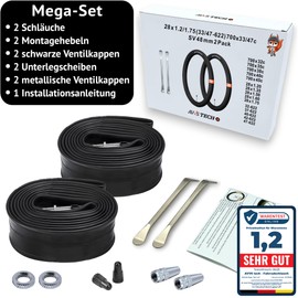 28 x 1.2-1.75 Inner Tube Road Bike, Trekking Bike and City Bike 28 Inch 28 x 1.2/1.5/1.75 with Presta Valve 48 mm (Presta) - Pack of 2, Includes 2 Mounting Levers, Compatible with 28 Inch Wheels, AVVS