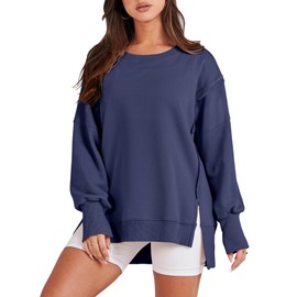 ANRABESS Women's Oversized Sweatshirts Crew Neck Long Sleeve Shirts Casual Loose Slit 2025 Fall Clothes Navy Blue L