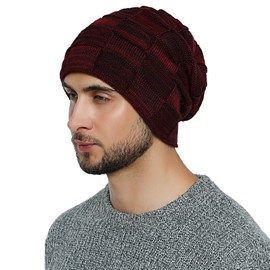 DonDon Beanie hat men Winter hat Knit knitted Long Slouch with fleece lining - Dark red Black