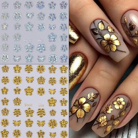 QEYRIYI 2 Sheets Flowers Nail Stickers for Nail Art Gold Laser Floral Nail Decals 5D Embossed Self-Adhesive 5 Petal Flower Nail Stickers Supplies for Women DIY Manicure Decorations Accessories